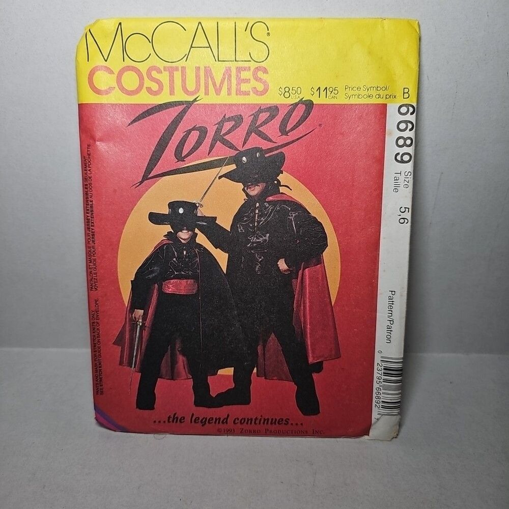6689 UNCUT Vintage McCalls Sewing Pattern Boys Men Halloween ZORRO Costume CAPE